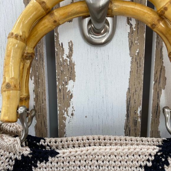 Handmade Crocheted Aluminum Soda Pop Top Bamboo Handles Purse Handbag Tan Black - Picture 5 of 12